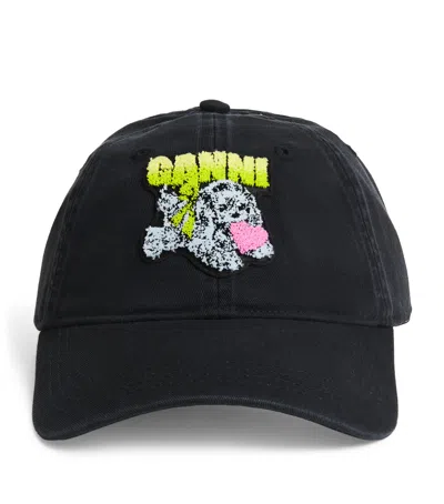 Ganni Organic Cotton Appliqué Baseball Cap In Black