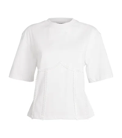 Ganni White Crewneck T-shirt With Front Embellishments And Rear Bow Closure