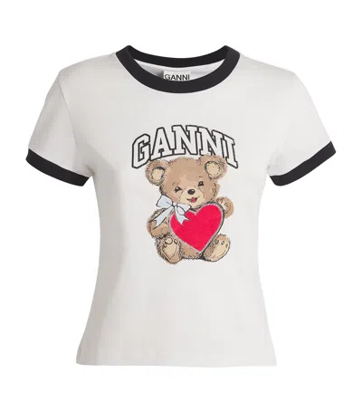 Ganni White Crewneck T-shirt With Logo Print On The Front