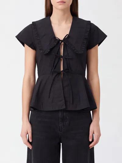 Ganni Organic Cotton Blouse With Sailor Collar And Ruffles In Black