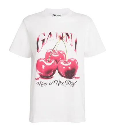 Ganni Organic Cotton Cherry T-shirt In White