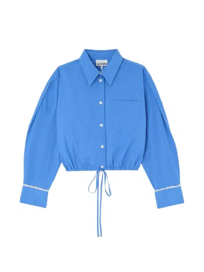 Ganni Organic Cotton Cropped Shirt In Blue