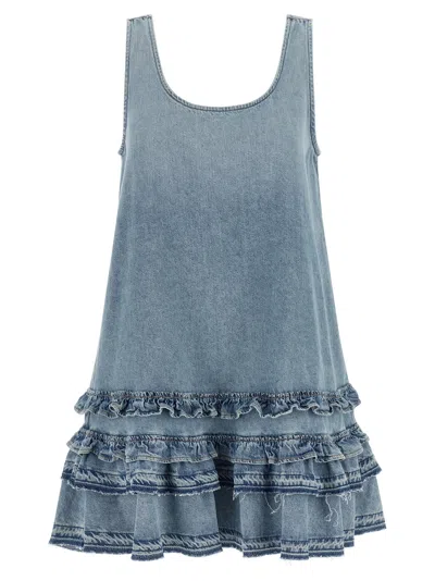 Ganni Organic Cotton Denim With Ruffled Hem Dress In Black