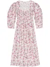 GANNI ORGANIC COTTON DRESS IN SHADES OF PINK WITH FLORAL PRINT, SQUARE NECKLINE AND FORM-FITTING SILHOUETT