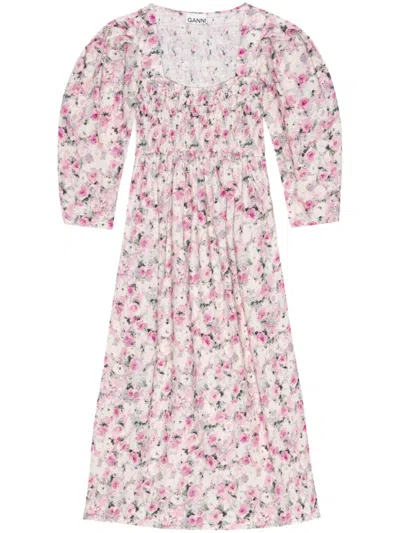 GANNI ORGANIC COTTON DRESS IN SHADES OF PINK WITH FLORAL PRINT, SQUARE NECKLINE AND FORM-FITTING SILHOUETT