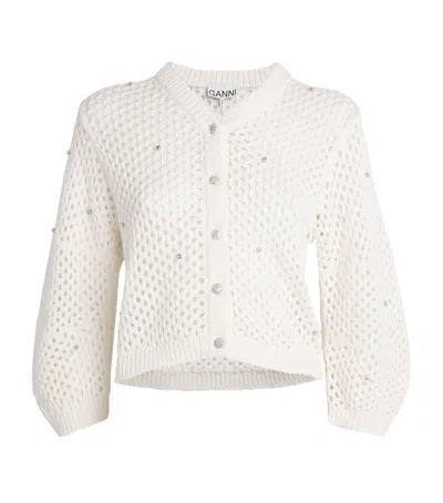 Ganni White Rhinestone Cotton Pointelle Cardigan