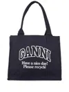 Ganni Black Shopper With Embroidered Logo On The Front In Denim Woman