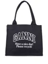 Ganni Black Shopper With Embroidered Logo On The Front In Denim Woman