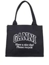 Ganni Black Shopper With Embroidered Logo On The Front In Denim Woman In Black