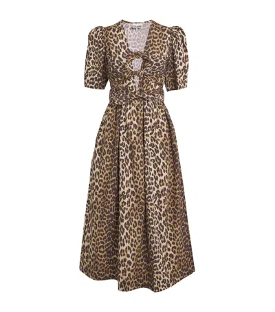 Ganni Leopard Printed Cotton Tie Strap Midi Dress In Brown