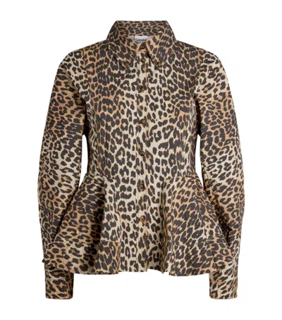 Ganni Organic Cotton Leopard Peplum Shirt In Animal Print