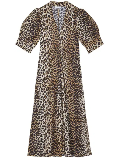 Ganni Organic Cotton Maxi Dress In Animal Print