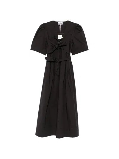 Ganni Organic Cotton Midi Dress Puff Sleeves Bow In Black