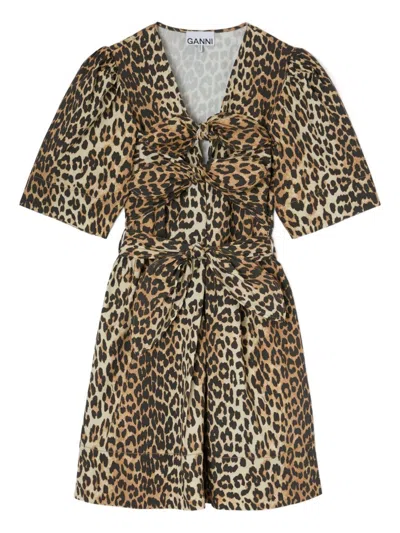 Ganni Organic Cotton Mini Dress Leopard Knot In Brown