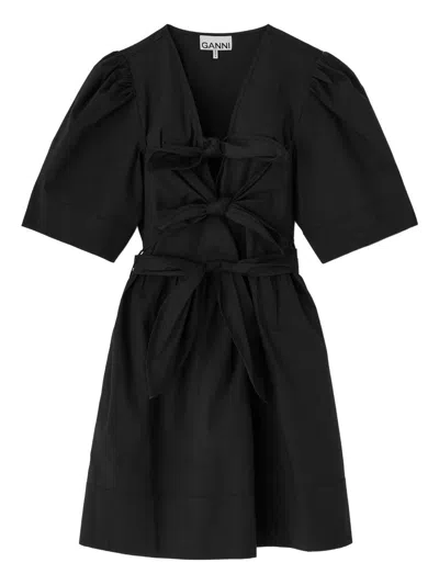 Ganni Organic Cotton Dress Puff Sleeves Bow In Black