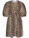 Ganni Printed Tie String Poplin Mini Dress In Brown