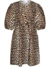 Ganni Leopard Tie-front Puff-sleeve Mini Dress In Brown