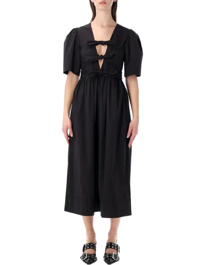 Ganni Belted Bow-embellished Stretch-cotton Poplin Midi Dress In Black
