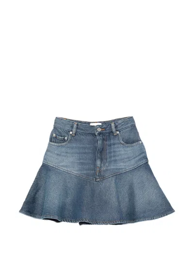 Ganni Organic Cotton Mini Skirt With Zip And Button Closure In Blue