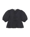 Ganni Poplin Front-tie Peplum Blouse With Puffed-sleeves In Black