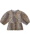 Ganni Tan Leopard Cotton Poplin Peplum Tie Blouse In Multi