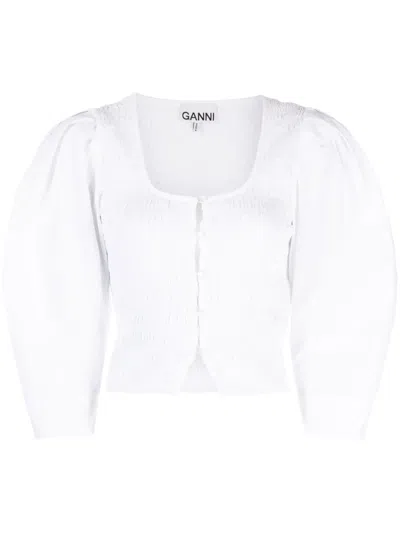 Ganni Smocked Cotton-poplin Cropped Blouse In White