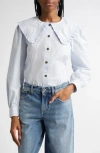 Ganni Organic Cotton Poplin Ruffle Peter Pan Collar Button-up Shirt In Blue