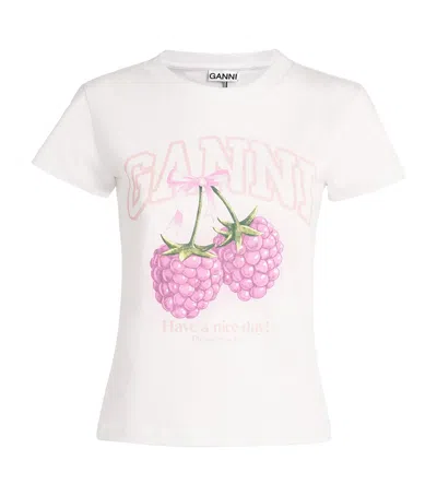 Ganni Baby Fit Raspberry T-shirt In Bright White