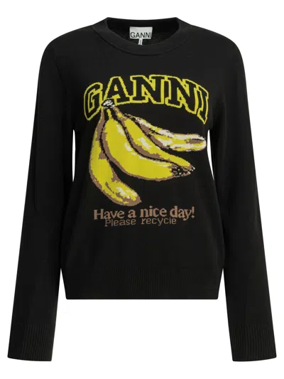 Ganni Organic Cotton Round Neck Sweater With Banana Graphic For Women In Black
