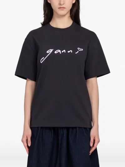 Ganni Organic Cotton Round-neck Embroidered Logo T-shirt In Black