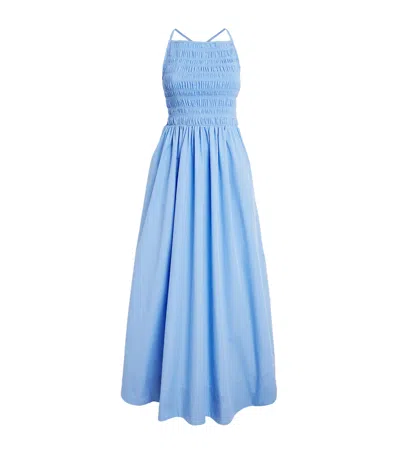 Ganni Organic Cotton Shirred Maxi Dress In Blue