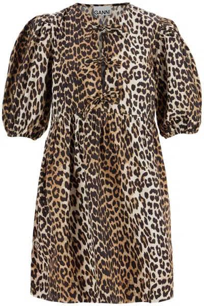 Ganni Brown Leopard Printed Cotton Tie String Minidress In 943 Leopard
