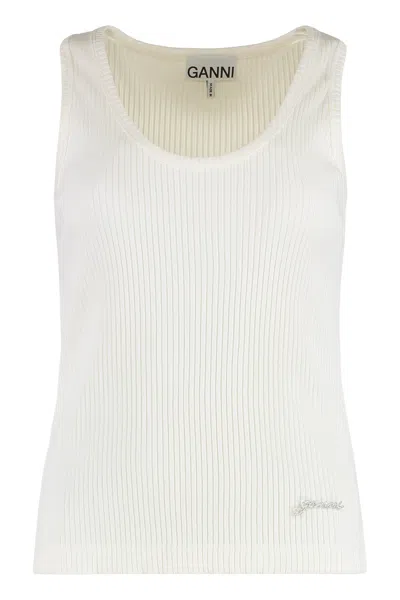 Ganni Organic Cotton Tank Top With Safety-pin Logo Detail In White