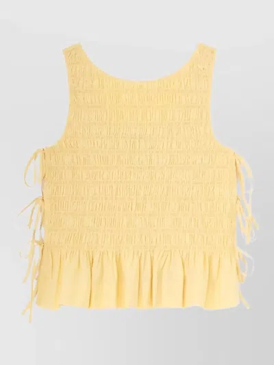 Ganni Organic Cotton Top Ruffled Sleeves Hem In Yellow
