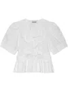 Ganni Belted Tie-detailed Gathered Cotton-blend Poplin Blouse In White