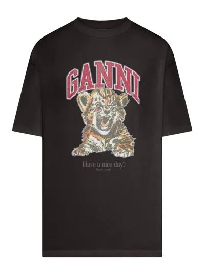 Ganni Organic Cotton T-shirt With Front Print In Black