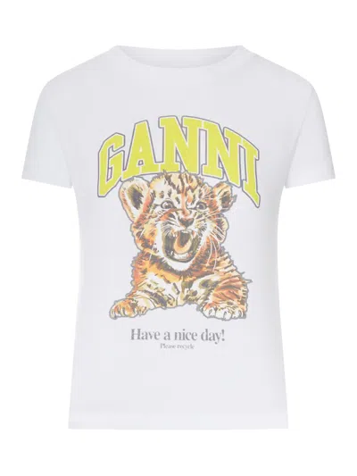 Ganni Organic Cotton T-shirt With Front Print In White