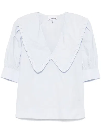 Ganni Organic Cotton V-necked Blouse In Clear Blue
