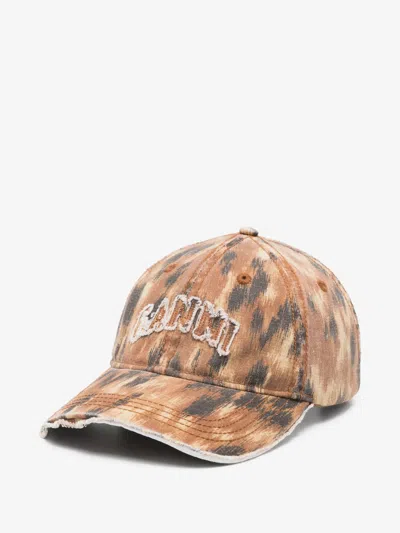 Ganni Organic Cotton Washed Effect Curved Brim Hat With Embroidered Logo And Adjustable Strap In Multi