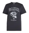 Ganni Black Crewneck T-shirt With Maxi Logo Lettering On The Front And Maxi Print On Front And Rear In Black