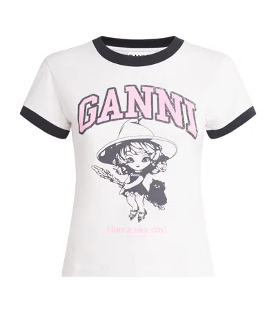 Ganni White T-shirt With Lettering Logo And Front And Back Print