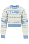 GANNI ORGANIC WOOL JACQUARD PULLOVER WITH MIXED TEXTURES AND WIDE SLEEVES
