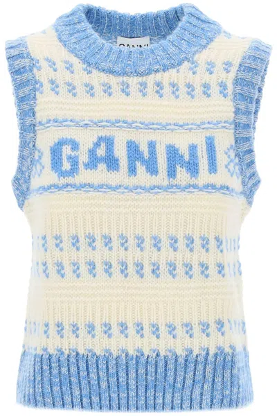 Ganni Logo Intarsia-knit Wool Vest In White