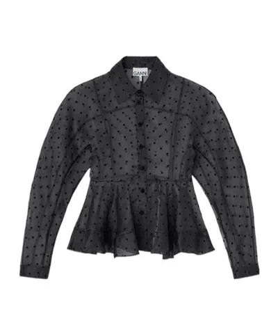 Ganni Flocked Organza Peplum Shirt In Black