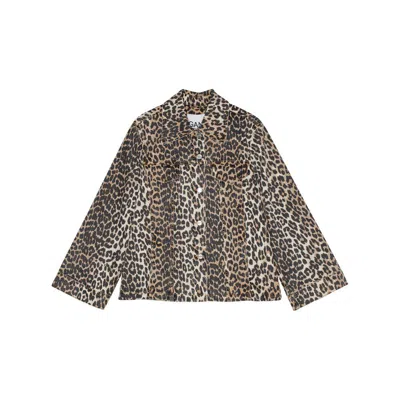 Ganni Leopard-print Canvas Shirt Jacket In Brown