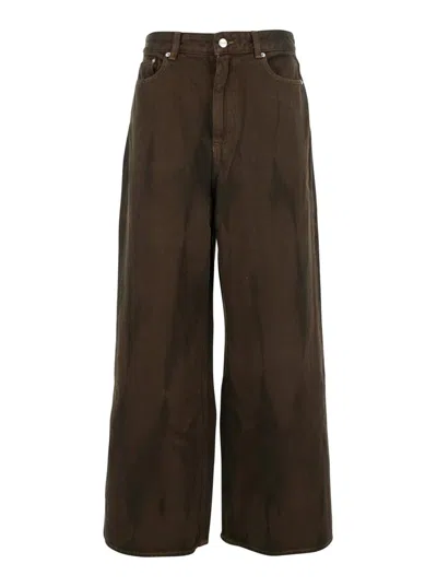 GANNI BROWN JEANS WITH TIE-DYE PATTERN AND LOGO PATCH ON BACK IN DENIM WOMAN