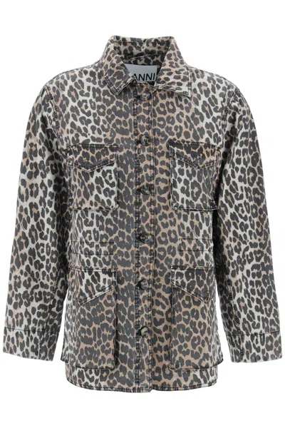 Ganni Overshirt In Tela Di Cotone In Beige,brown,black