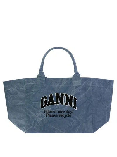 Ganni Oversize Canvas Tote Bag In Blue
