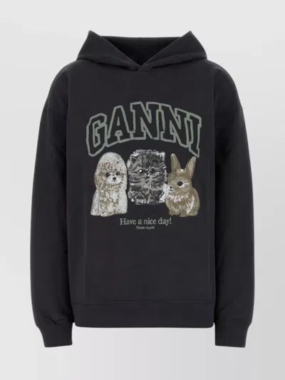 Ganni Oversize Cotton Sweatshirt With Hood And Graphic Print In Black