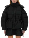 Ganni Oversized Seersucker Puffer Jacket With Removable Hood In Black